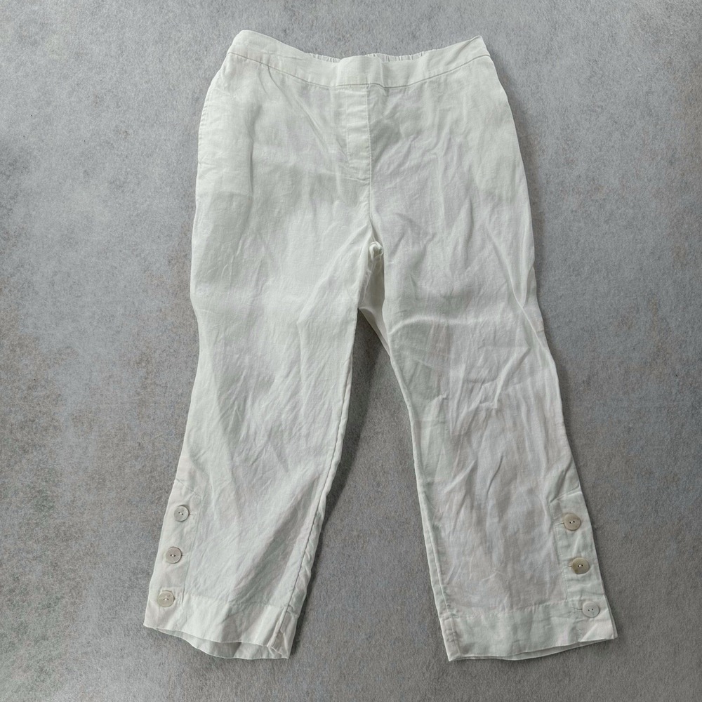 Chicos White Linen Capri Pants Womens 10 Shell‎ Button Accents Wide Leg Pull On